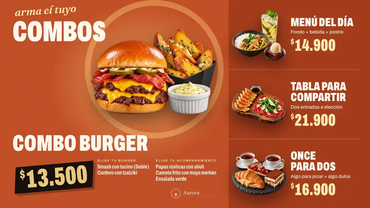 Pantalla de combos de Aurora: combo burger, menú del día, tabla para compartir y once para dos, con sus precios.