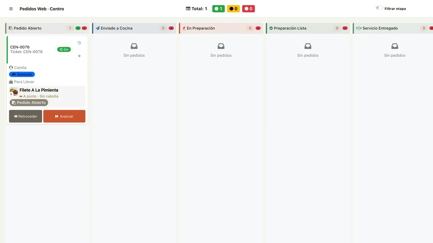 Pantalla de preparación «Pedidos Web · Centro»: llega el pedido CEN-0076 a domicilio, Filete a la pimienta a punto y sin cebolla, en la columna Pedido abierto.