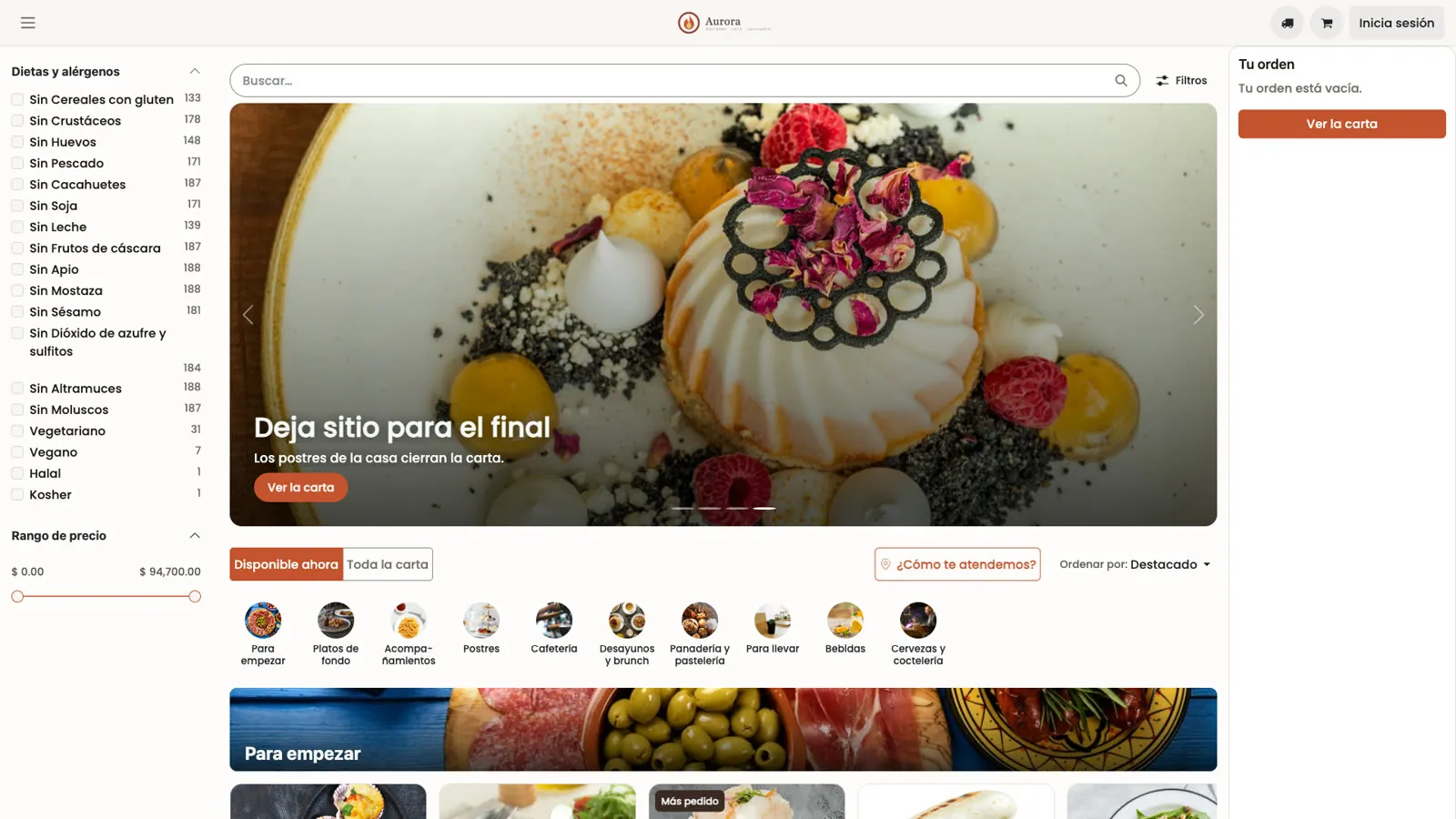 Carta web de Aurora con filtros de alérgenos y dietas.