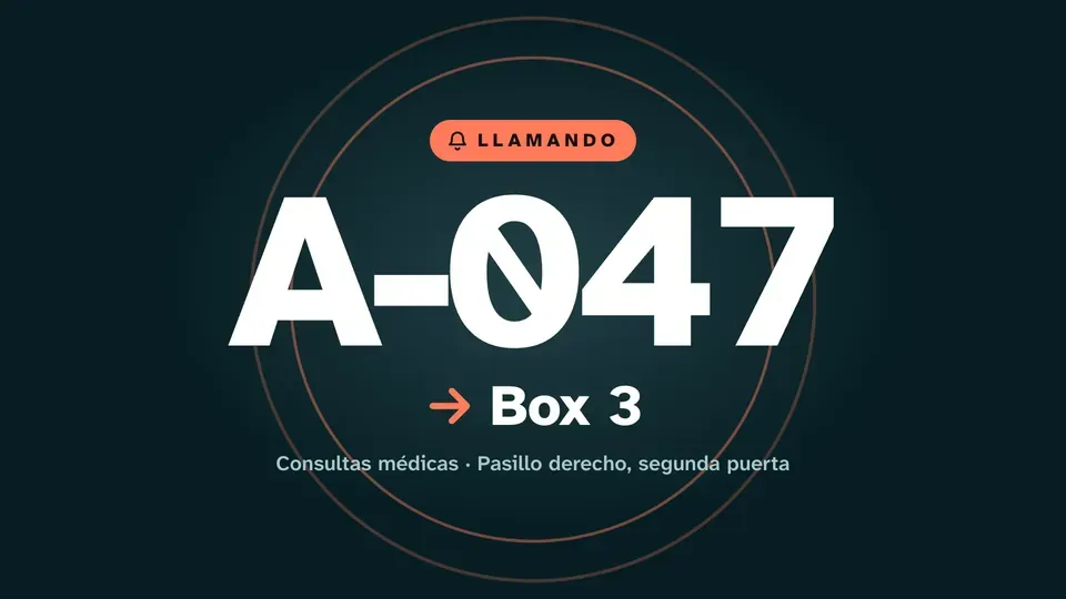 Llamado a pantalla completa con el número y el puesto