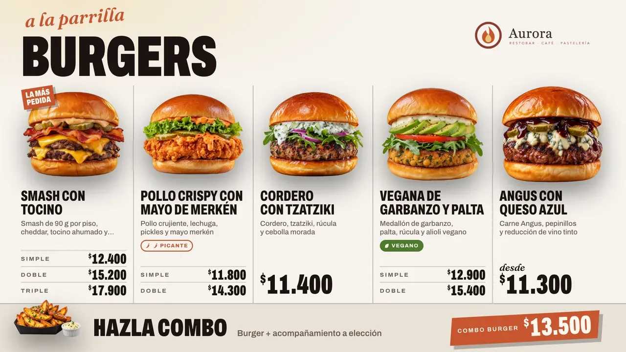 Carta de hamburguesas con precios por tamaño en una pantalla