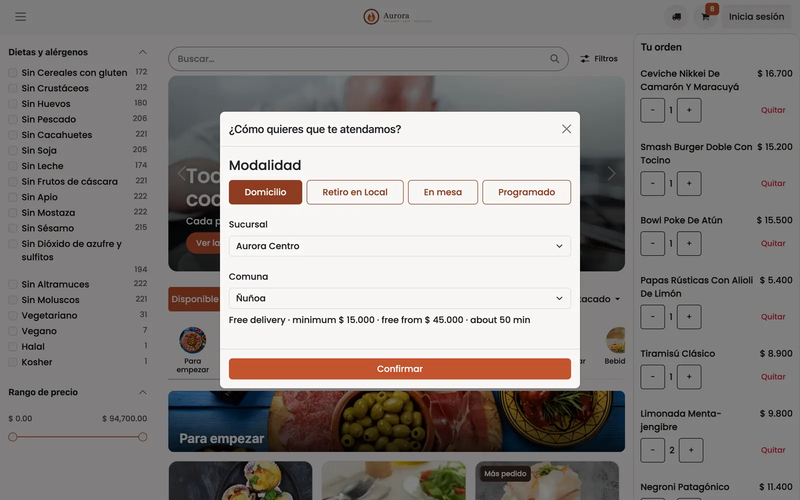 Elige cómo lo recibe: captura de la tienda de demostración