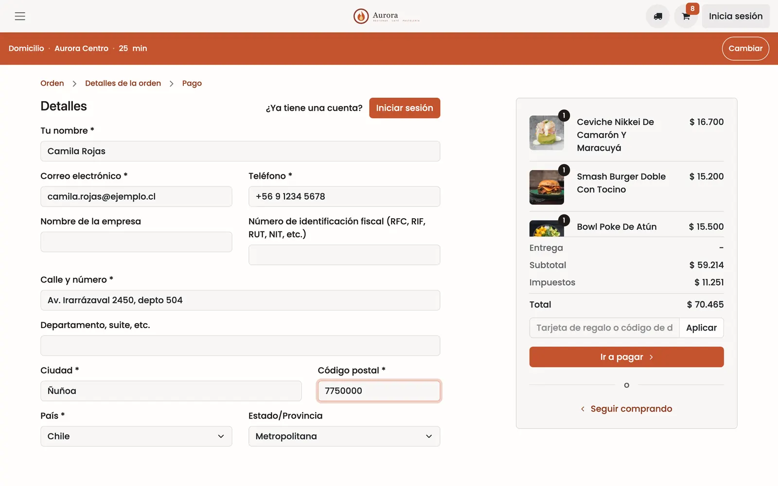 Ingresa su dirección: captura de la tienda de demostración