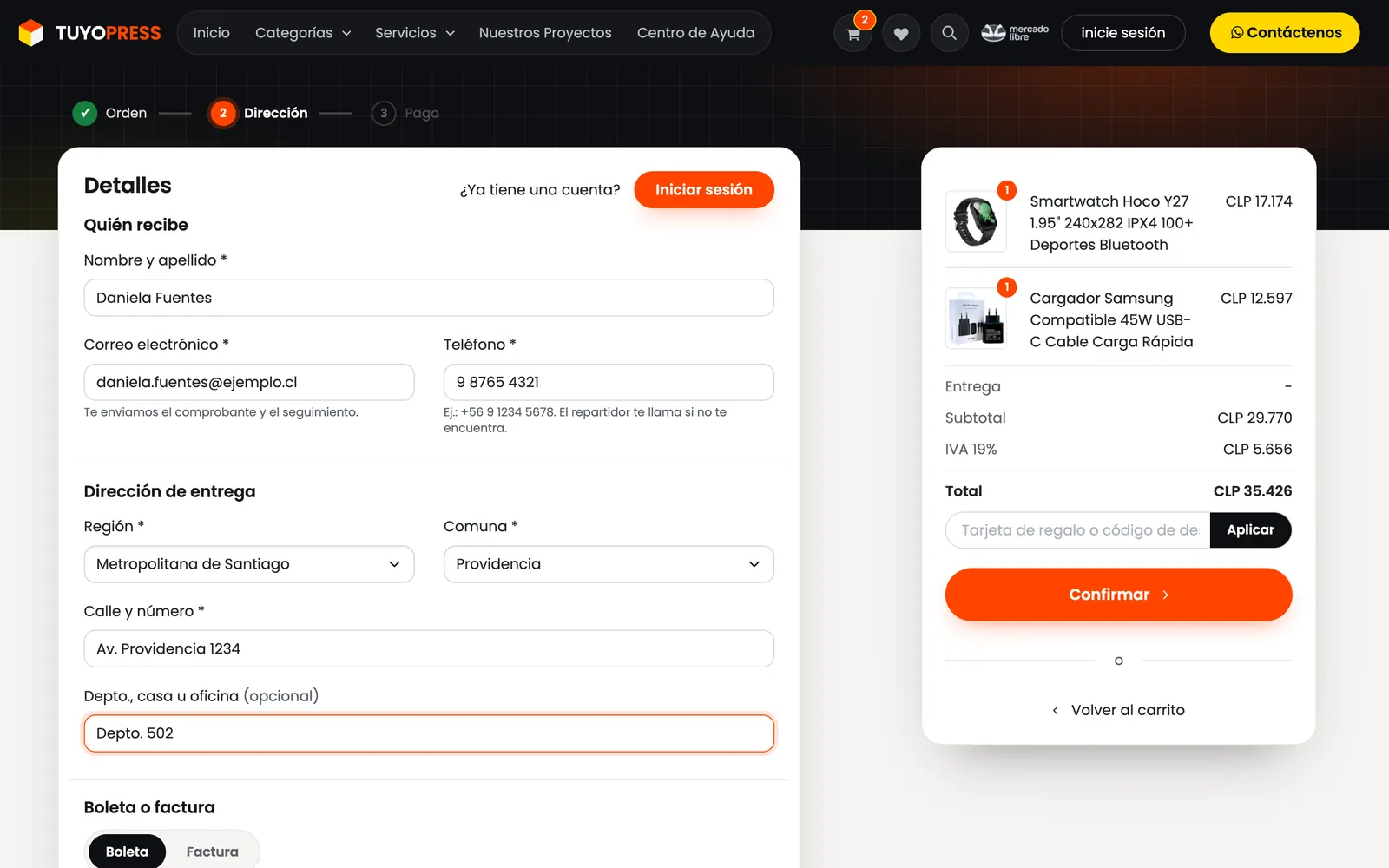 Ingresa su dirección: captura de la tienda