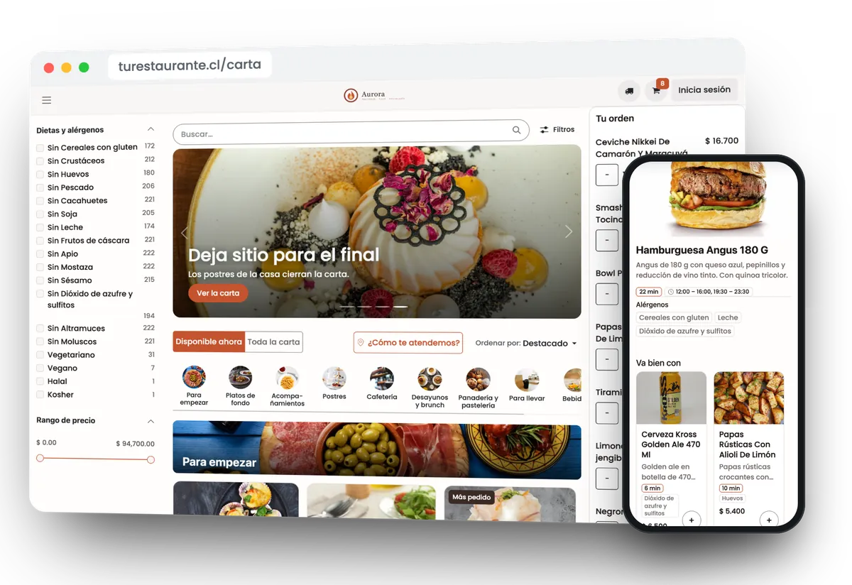 Tienda online de un restaurante en computador y celular, con la carta y el pedido a la vista