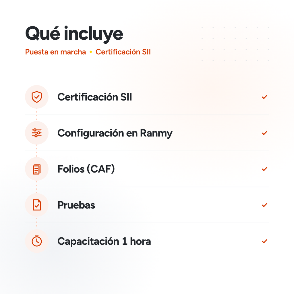 Qué incluye la puesta en marcha: certificación SII, configuración en Ranmy, folios, pruebas y capacitación