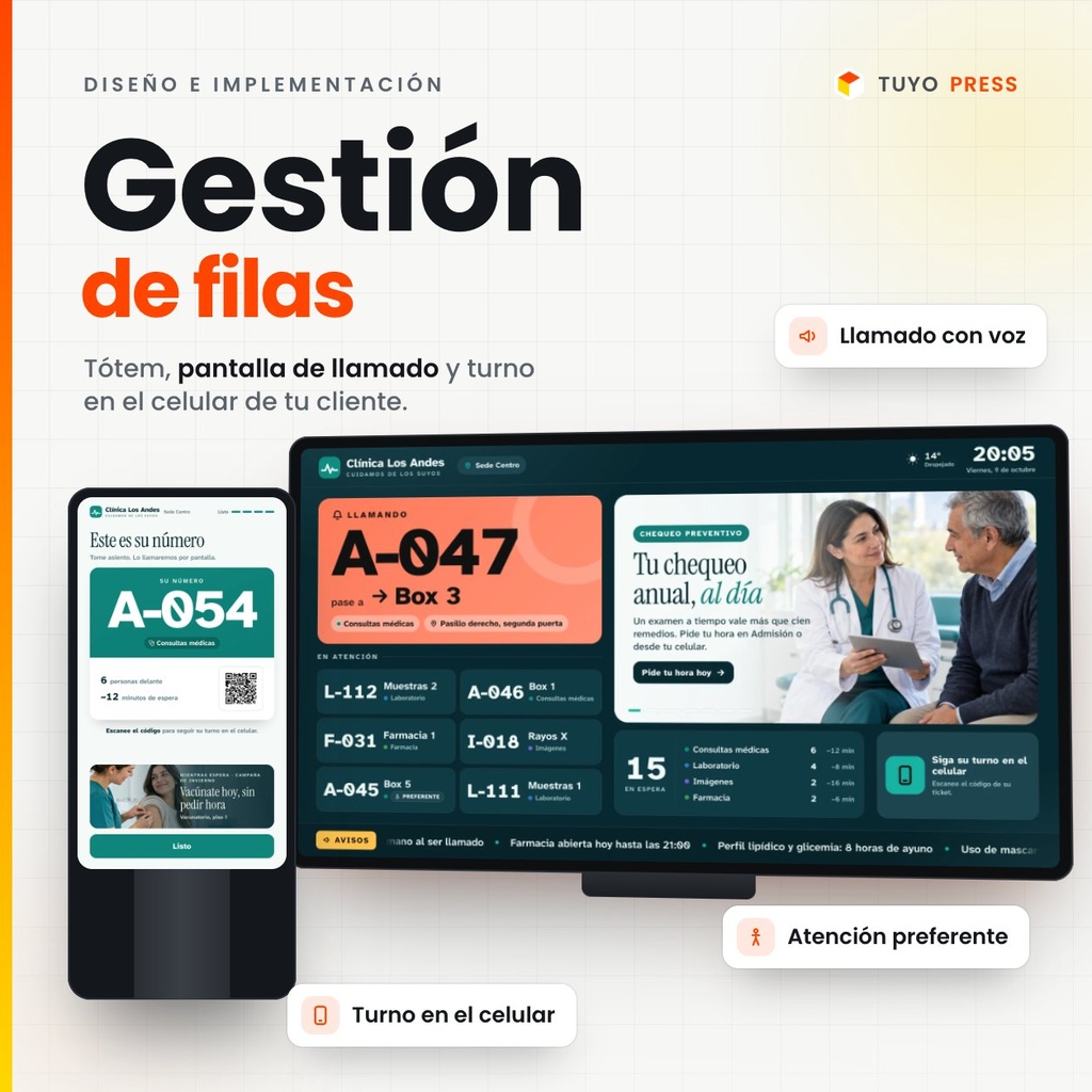 Sistema de gestión de filas: tótem, pantalla de llamado y turno en el celular